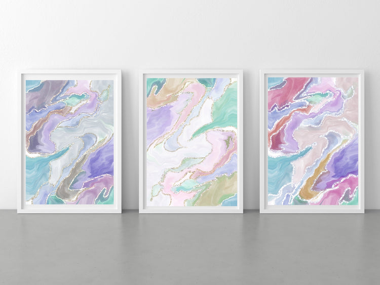 Abstract wall art, pastel colours, elegant, set of 3 art prints inside frames.
