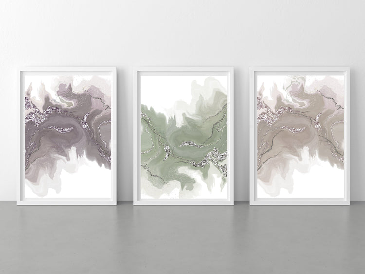 Abstract wall art, set of 3, neutral colours, elegant, displayed inside frames.