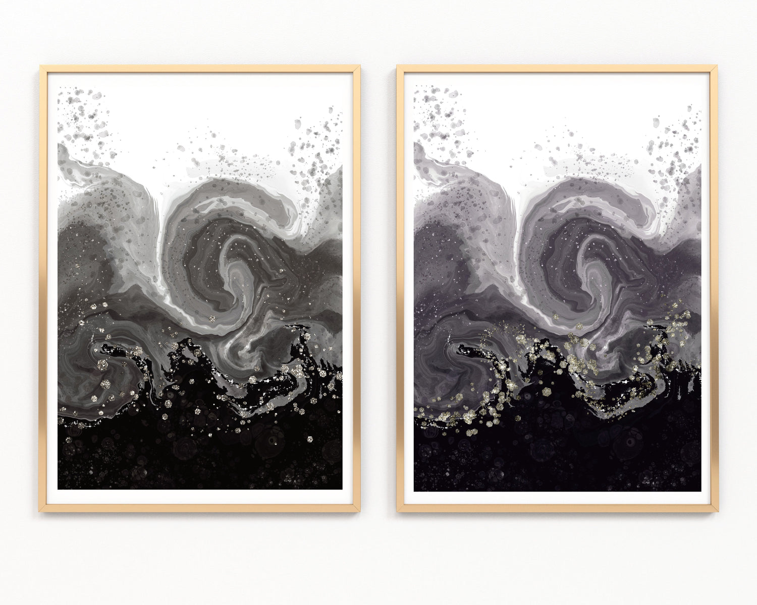 Coastal abstract wall art, set of 2 art prints, grey and embellished, calming soothing,displayed in golden frames.