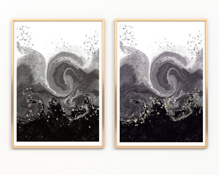 Coastal abstract wall art, set of 2 art prints, grey and embellished, calming soothing,displayed in golden frames.
