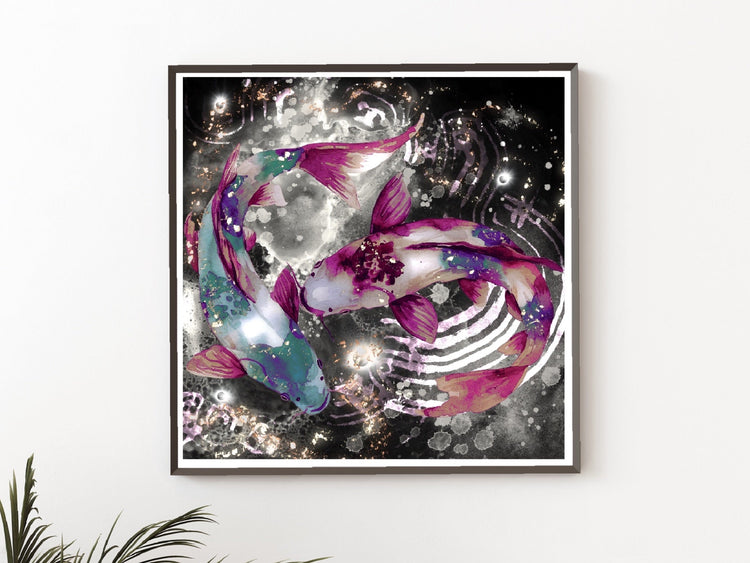 Koi fish wall art, Japanese wall art, pink and black, square art print displayed in frame.