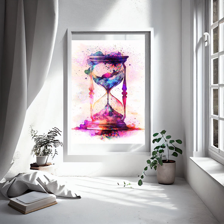 Hourglass wall art print, vibrant, meditation art, displayed in frame.