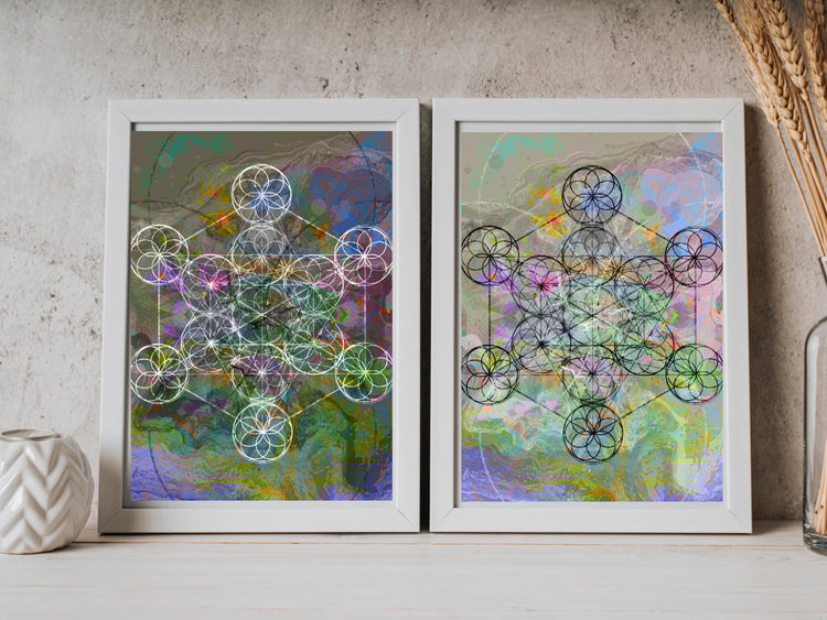 Sacred geometry wall art, Metatrons cube, set of 2 displayed in frames.
