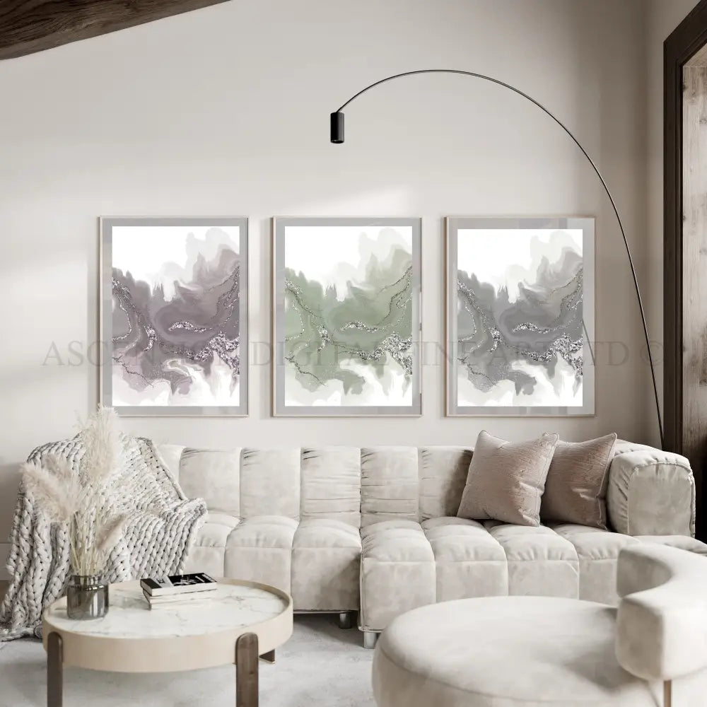 Spiritual wall art, Abstract art prints, neutral tones, set of 3 displayed in mounted frames.