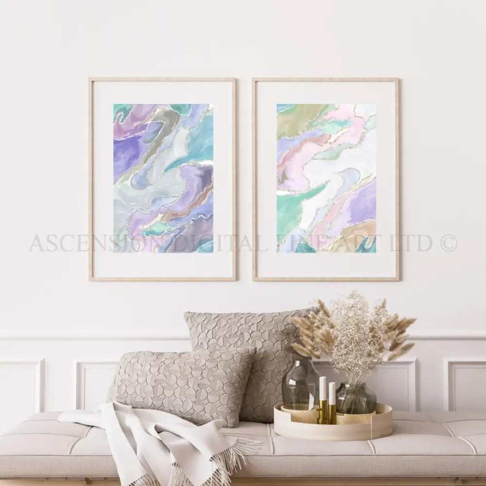 Abstract wall art, elegant, calming art prints pastel tone, gold silver streaks, set of 2 presented in frames. - Ascension digital fine art.