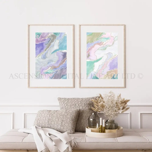 Abstract wall art, elegant, calming art prints pastel tone, gold silver streaks, set of 2 presented in frames. - Ascension digital fine art.