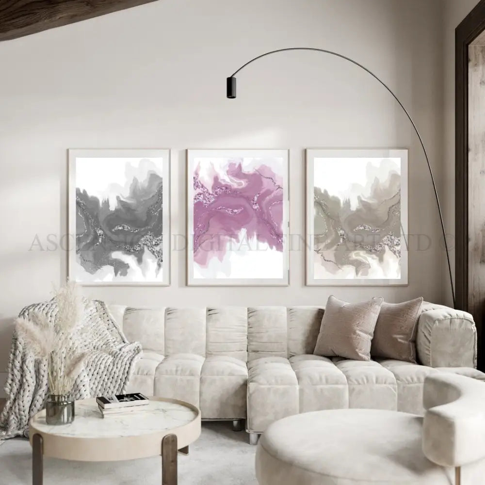 Spiritual wall art, Abstract art prints, neutral tones, set of 3 art prints displayed in mounted frames.