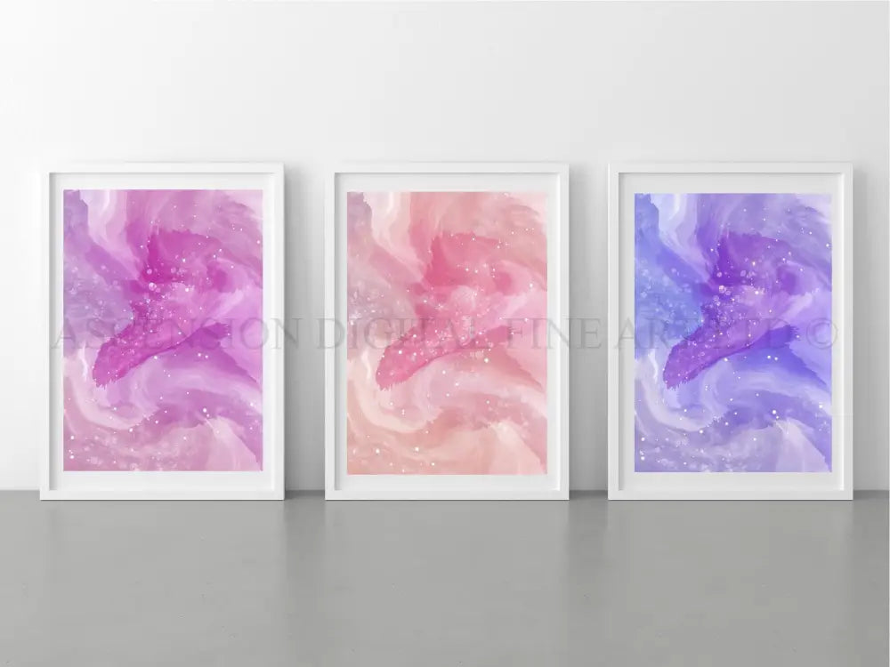 Spiritual wall art, Abstract art prints, pastel tones, set of 3 displayed in mounted frames.