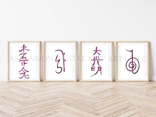 Reiki healing art print, Energy healing wall art, set of four