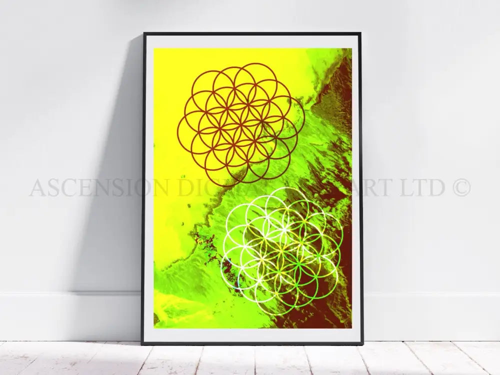 Sacred geometry wall art, seed of life wall art, spiritual art work, yellow and gree , balancing art, meditation art print, Displayed in frame, - Ascension digital fine art.