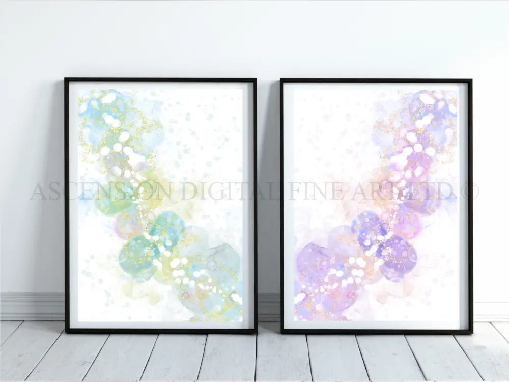 Spiritual wall art, Abstract art prints, pastel colours, set of two art prints displayed in mounted frames.