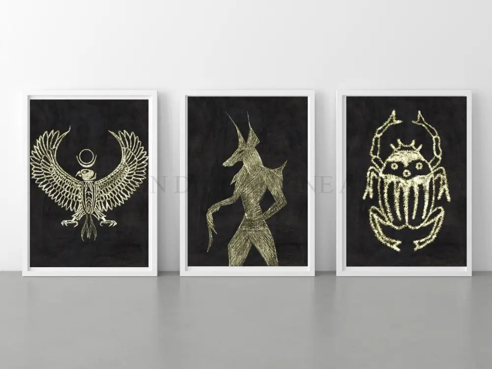 Ancient Egyptian art prints, set of three, black and gold