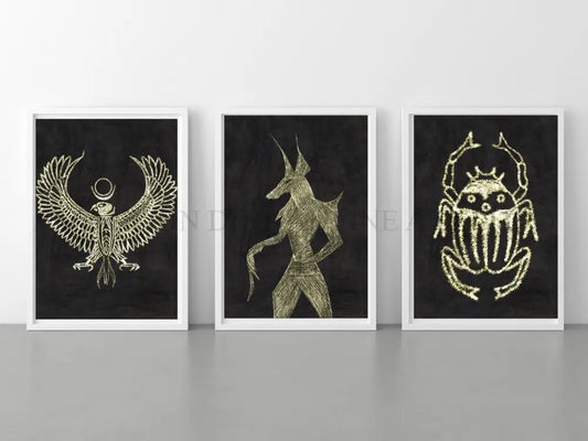 Ancient Egyptian art prints, set of three, black and gold