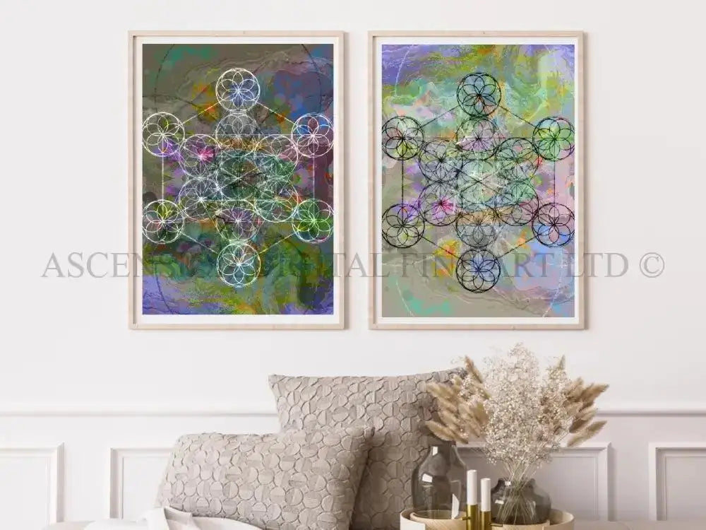 Metatrons cube art prints set set, sacred geometry wall art