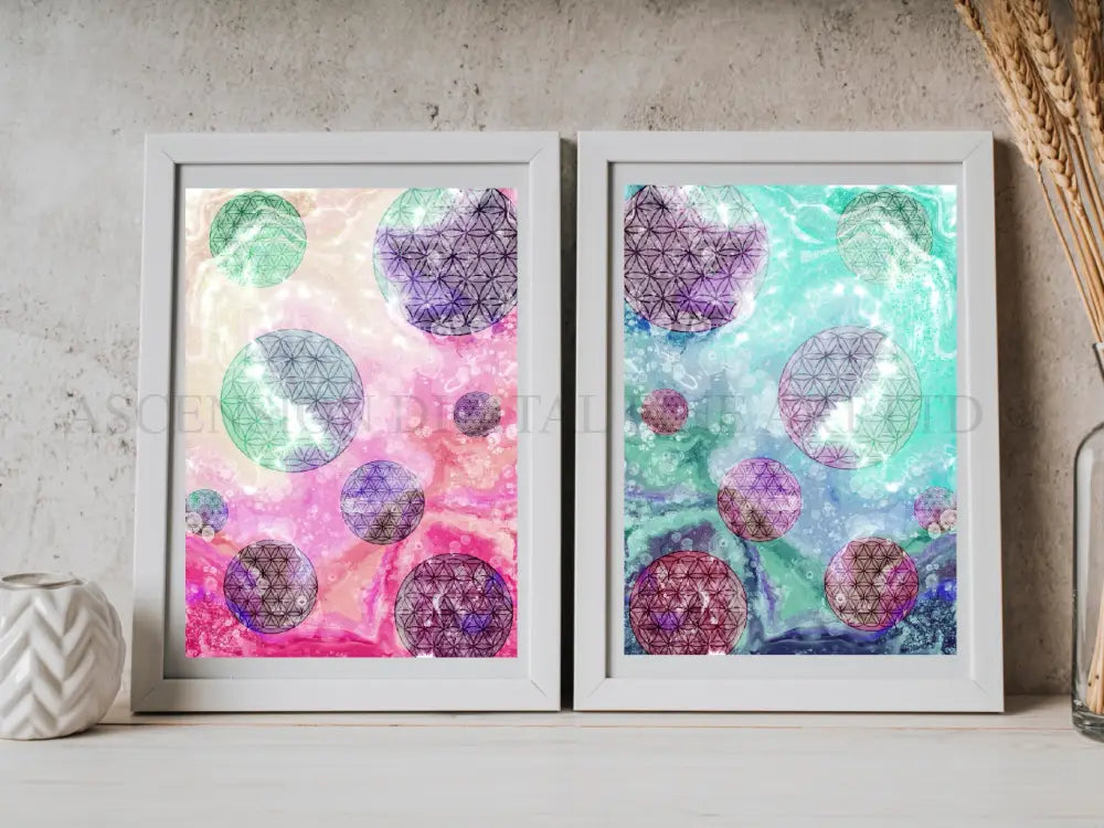 Sacred geometry wall art, flower of life wall art, spiritual art work, unique, meditation art print, vibrant, set of 2 prints, Displayed in frames. - Ascension digital fine art.