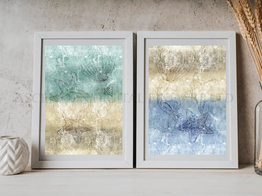 Coastal wall art, seashells art print, vibrant, spiritual wall art, set of 2, displayed in frame, ascension digital fine art.