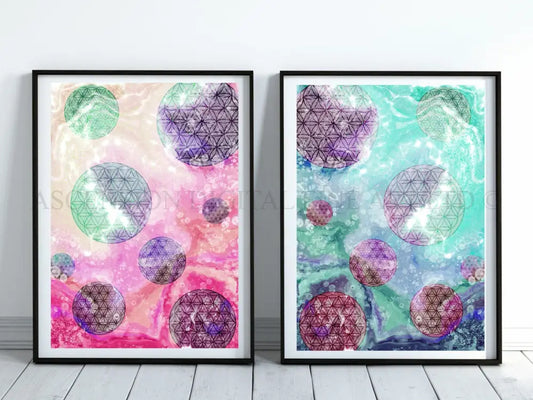 Sacred geometry art prints set , Fibonacci wall art